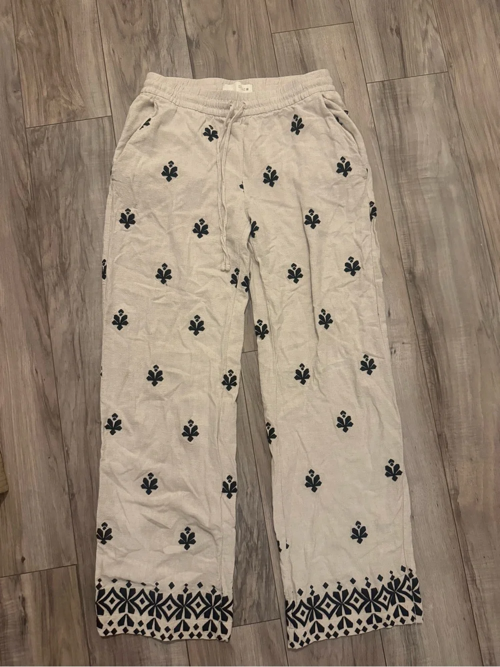 ZARA Linen Blend Embroidered Wide Leg Pants Boho Drawstring Size S